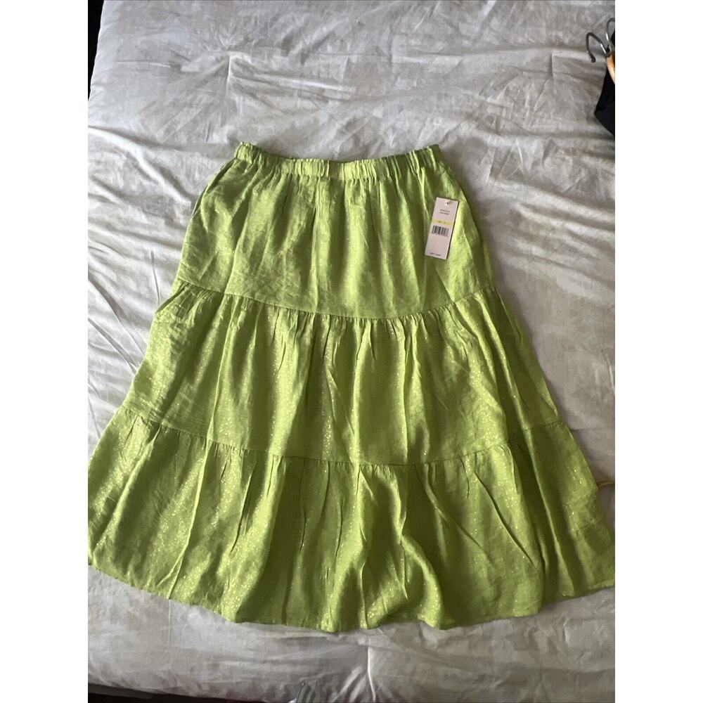 Nanette Lepore Tiered Midi Skirt Size M Lime Green Metallic Gold Sparkles NEW